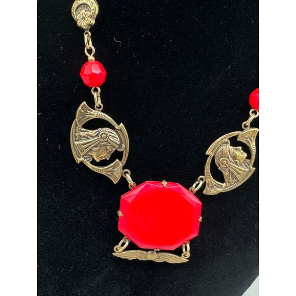 Vintage Sadie Green Antique Style Victorian Pendant Necklace with Red Glass - Picture 2 of 11